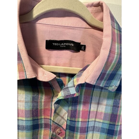 Ted Lapidus Paris 100% Linen Shirt Short‎ Sleeve Button Front Pink Plaid Sz XXL - Picture 2 of 7
